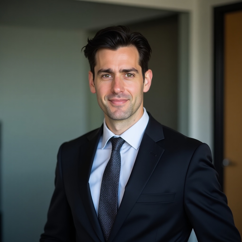 A well-dressed man in suit and tie stands against blurred background. Expression is neutral with slight seriousness. Dark hair neatly styled. Attire is formal with dark suit jacket, light dress shirt, patterned tie. Background is soft with muted colors. Lighting is soft and even, emphasizing his features.