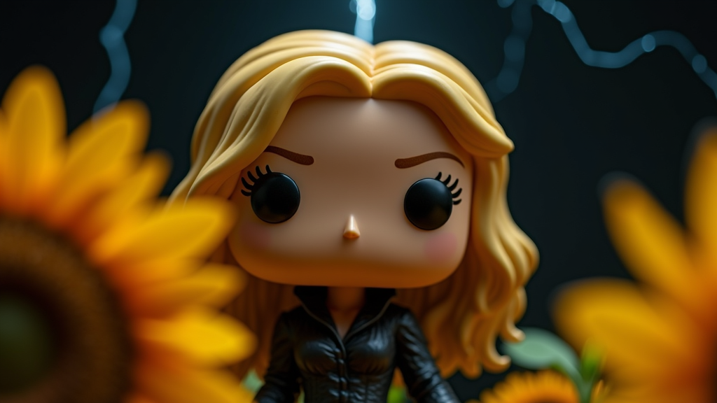 A stylized toy figure with blonde hair, wearing a black outfit, stands amidst vibrant yellow sunflowers against a dark, stormy backdrop with visible lightning.