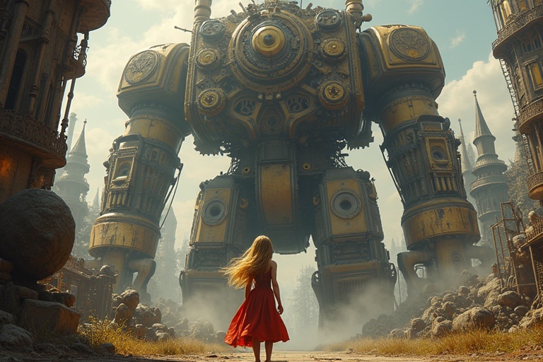 A young girl with golden hair stands in a red skirt before a towering steampunk automaton. The machine has cogs and pipes. The landscape reveals a world of steam and invention, suggesting adventure.