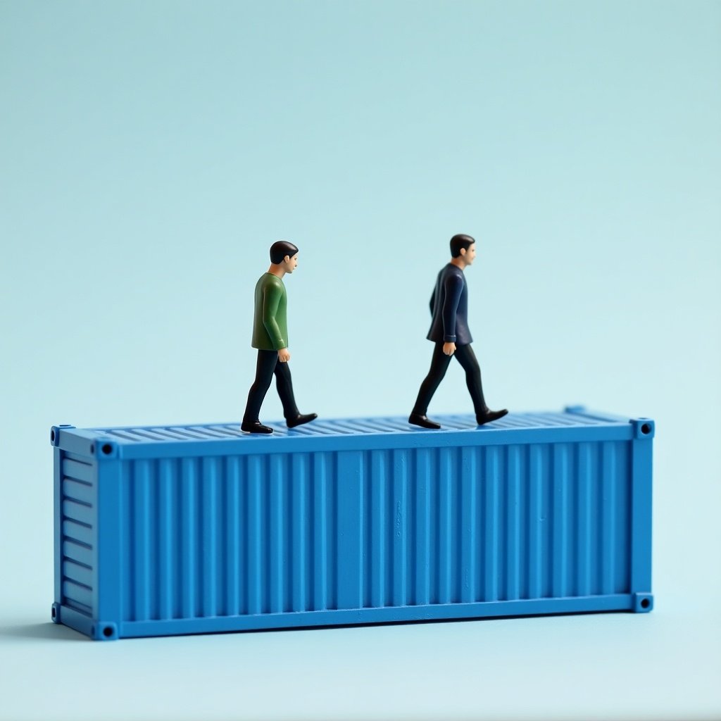 Two miniature human figures are depicted walking on top of a blue shipping container. The left figure is wearing a green shirt and the right figure is in a black suit. The background is a soft blue, adding to the serene quality of the image. This scene could represent business dynamics or urban exploration. The use of simple colors enhances the focus on the figures and the container.