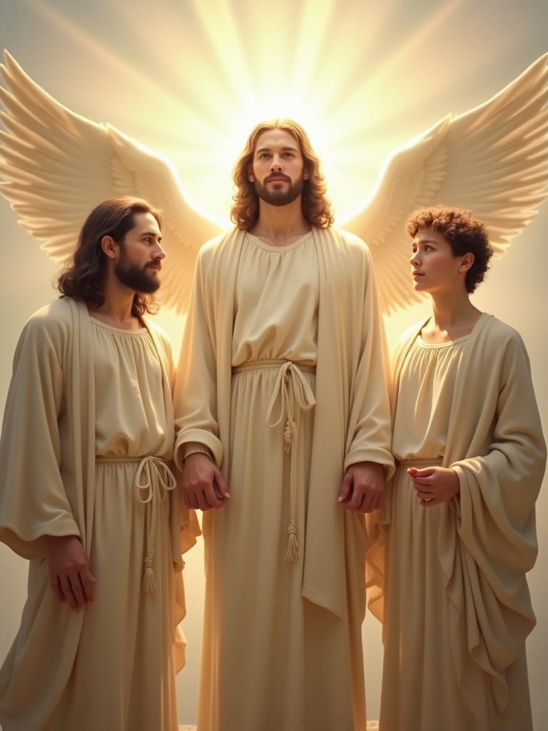 Representation of Father, Son, and Holy Spirit. Ethereal figures with wings and light. Soft colors and celestial feel.