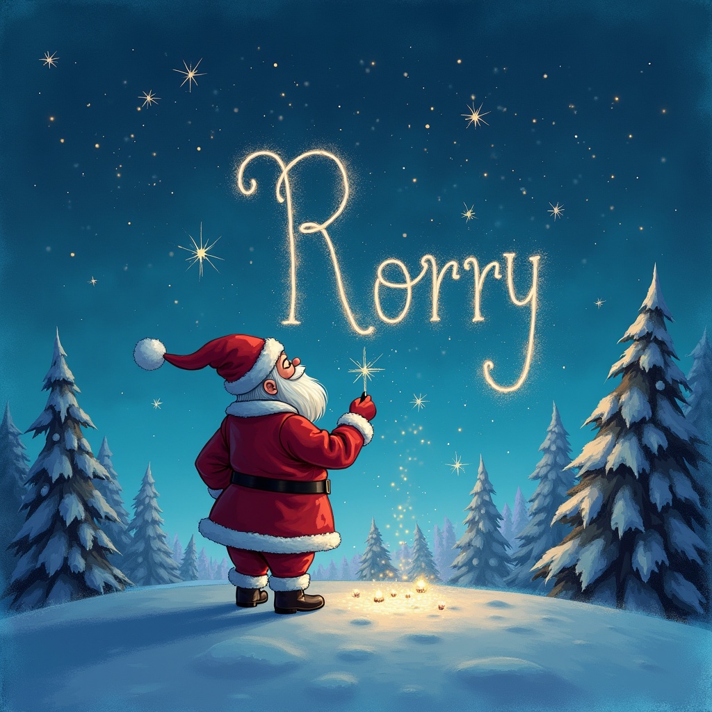 A festive illustration features Santa Claus standing in a snowy landscape under a starry night. He is wearing his iconic red suit with white trim and a red hat. Santa is joyfully using a sparkling wand to write the name 'Rorry' in the sky, surrounded by twinkling stars. Tall pine trees adorned with snow frame the background, creating a magical winter scene. This illustration captures the essence of Christmas magic and joy, perfect for holiday themes.