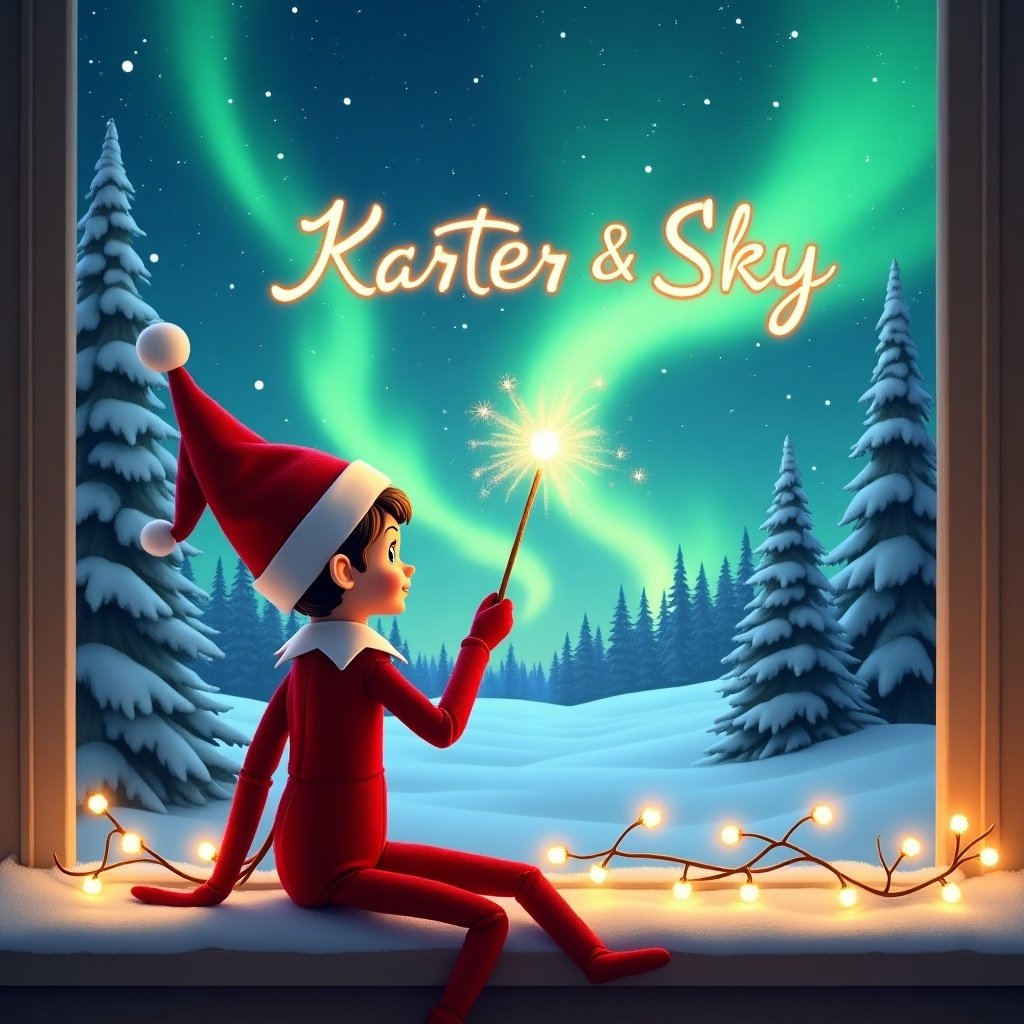 Artwork features an elf on the shelf on a windowsill. Elf wears a red and white outfit and classic hat. Elf holds a wand pointing to the sky. Scene shows magical letters. Background has winter landscape with snow-covered trees. Northern lights in green and blue colors enhance the view. Warm glow of twinkling lights adds a festive atmosphere. Elf embodies holiday spirit.