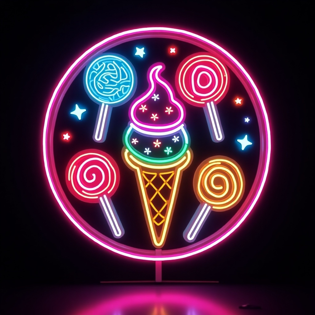 This image features a vibrant neon sign showcasing an ice cream cone surrounded by colorful lollipops. The ice cream is depicted in multiple colors, with a swirl design on top. The lollipops are arranged in a circular pattern, featuring various bright colors. The background is dark, enhancing the neon effect of the sign. The overall image conveys a playful and inviting atmosphere, making it ideal for dessert-themed environments.