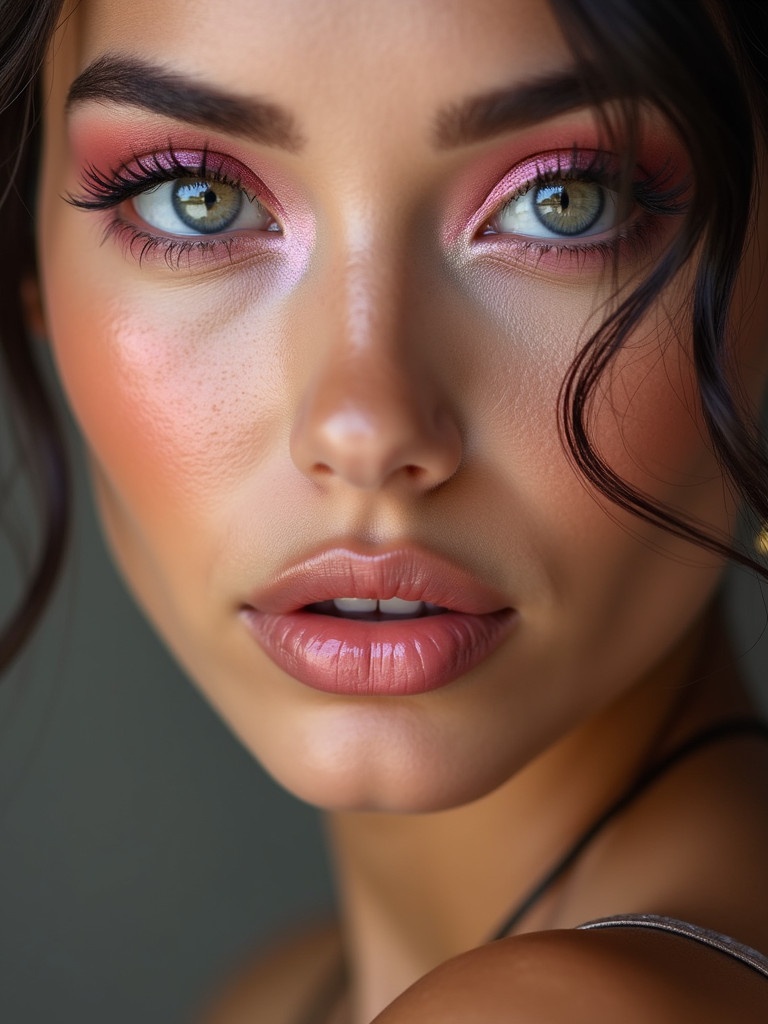 Closeup view of a young woman in her twenties. Large bright eyes with a rosy pink hue. Expertly applied pink makeup including pastel eyeshadow. Long defined lashes. Light pink blush and glossy pink lips. Wearing a leather dress with a sleek finish.