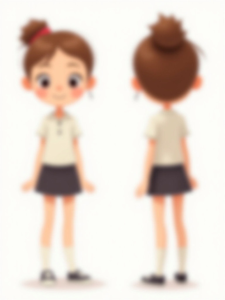 Cartoon character turn-around sheet features cheerful girl with bun in plain shirt and cute skirt. Displays front, side, and back views.