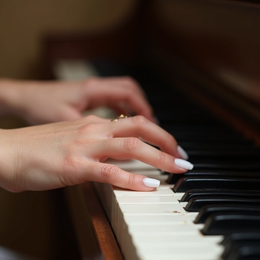 Image of attractive hands with white nail polish playing a piano. Soft focus background. Close-up perspective showing fingers on piano keys.