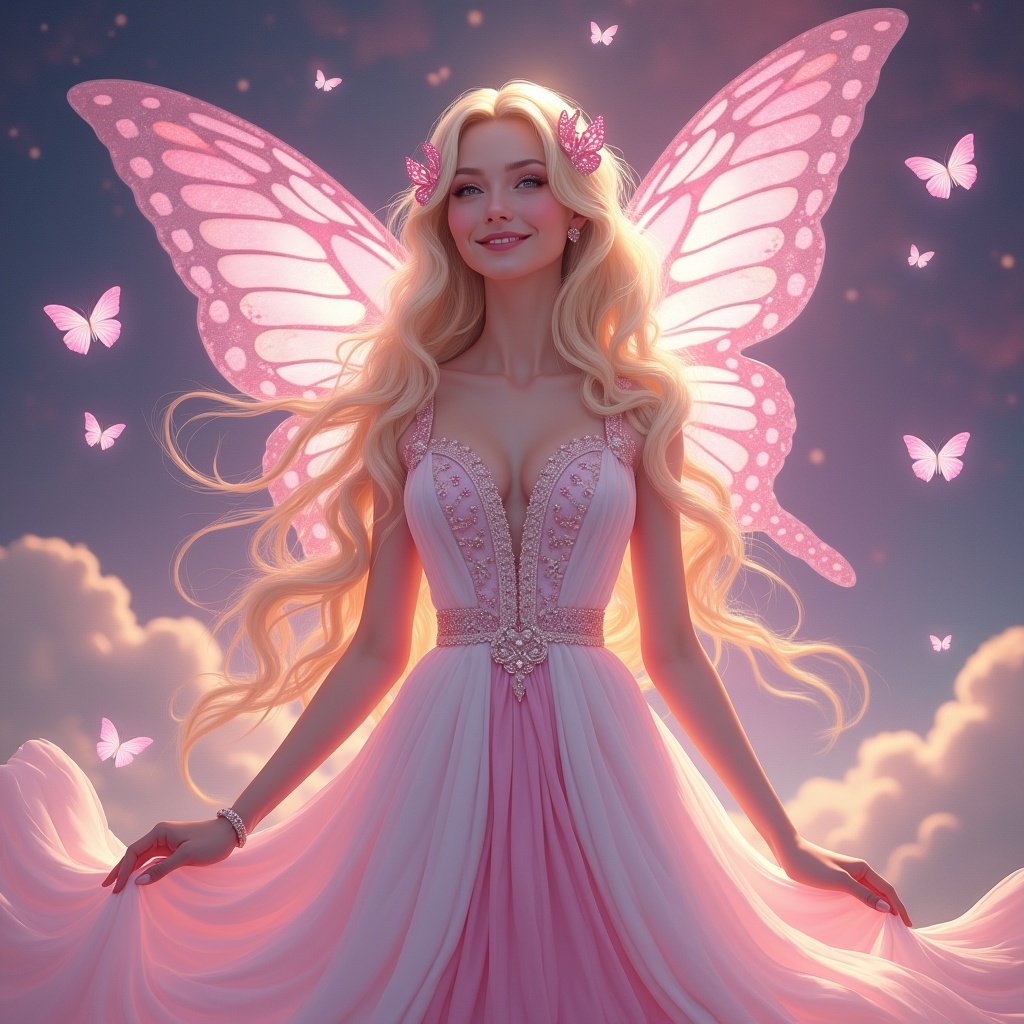 Smiling woman stands before delicate pastel butterflies. Long blonde hair cascades down. Dress features white and pink fabrics. Scene has a cosmic background. Art is fantasy themed and depicts a pink princess.