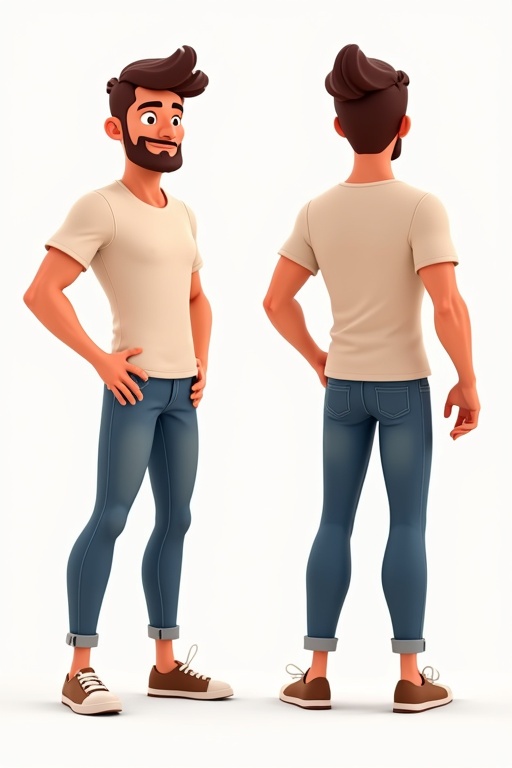 Male cartoon character in T-pose captured from front side and back views. Simple design details evident. Clothing features a t-shirt and jeans.