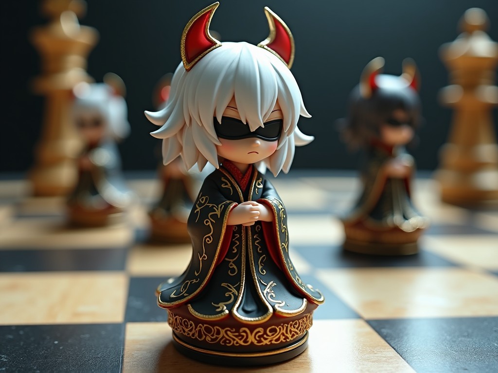 This image showcases a uniquely crafted chess piece designed as a bishop resembling an anime character. The piece features white hair and sunglasses, giving it a cool and stylized appearance. Its attire is detailed with ornate patterns, blending traditional chess aesthetics with anime culture. In the background, other chess pieces are subtly visible, creating a themed chessboard atmosphere. The overall composition uses a warm color palette, emphasizing the intricate designs of the bishop piece.