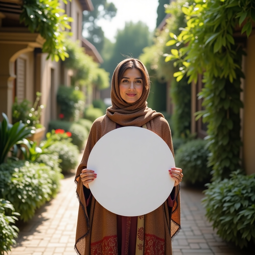 Beautiful Iranian woman holding a round sign in a garden. The person wears traditional clothing and a scarf. The setting is a large, natural garden with pathways and lush greenery.