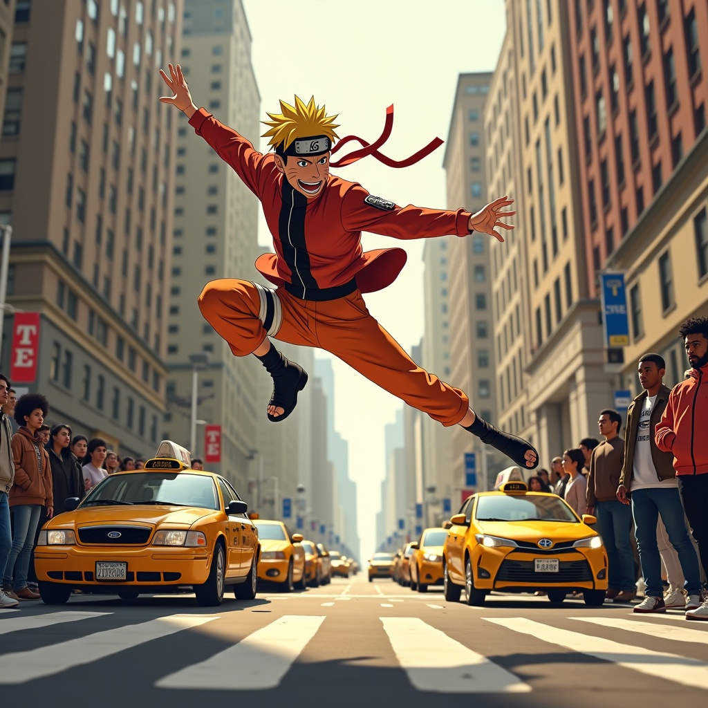 In a bustling New York City street during the day, Naruto leaps forward, showcasing his strength and agility. He faces off against One Punch Man, who poses with a serious expression. The backdrop features yellow taxis and a crowd of diverse pedestrians looking up in awe. This scene captures the essence of modern anime culture in an urban setting. The illustration is bright and professionally color graded, creating a visually striking image.