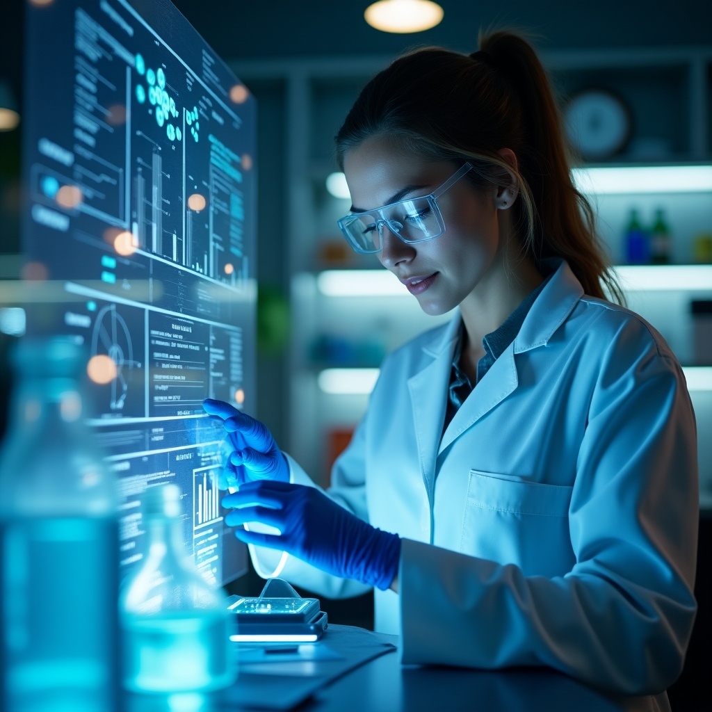 A female scientist is diligently working in a cutting-edge laboratory. She is wearing a lab coat, safety glasses, and gloves. Surrounded by test tubes and lab equipment, she interacts with digital overlays displaying complex data and molecular structures. The laboratory is filled with an atmosphere of innovation, enhanced by futuristic lighting and technology. This scene captures the essence of scientific research in a modern context, showcasing the merging of science and digital technology.