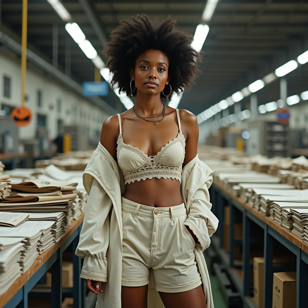 A stylish individual in a lace bralette and shorts confidently stands in a factory setting, surrounded by stacks of papers and bright overhead lights.