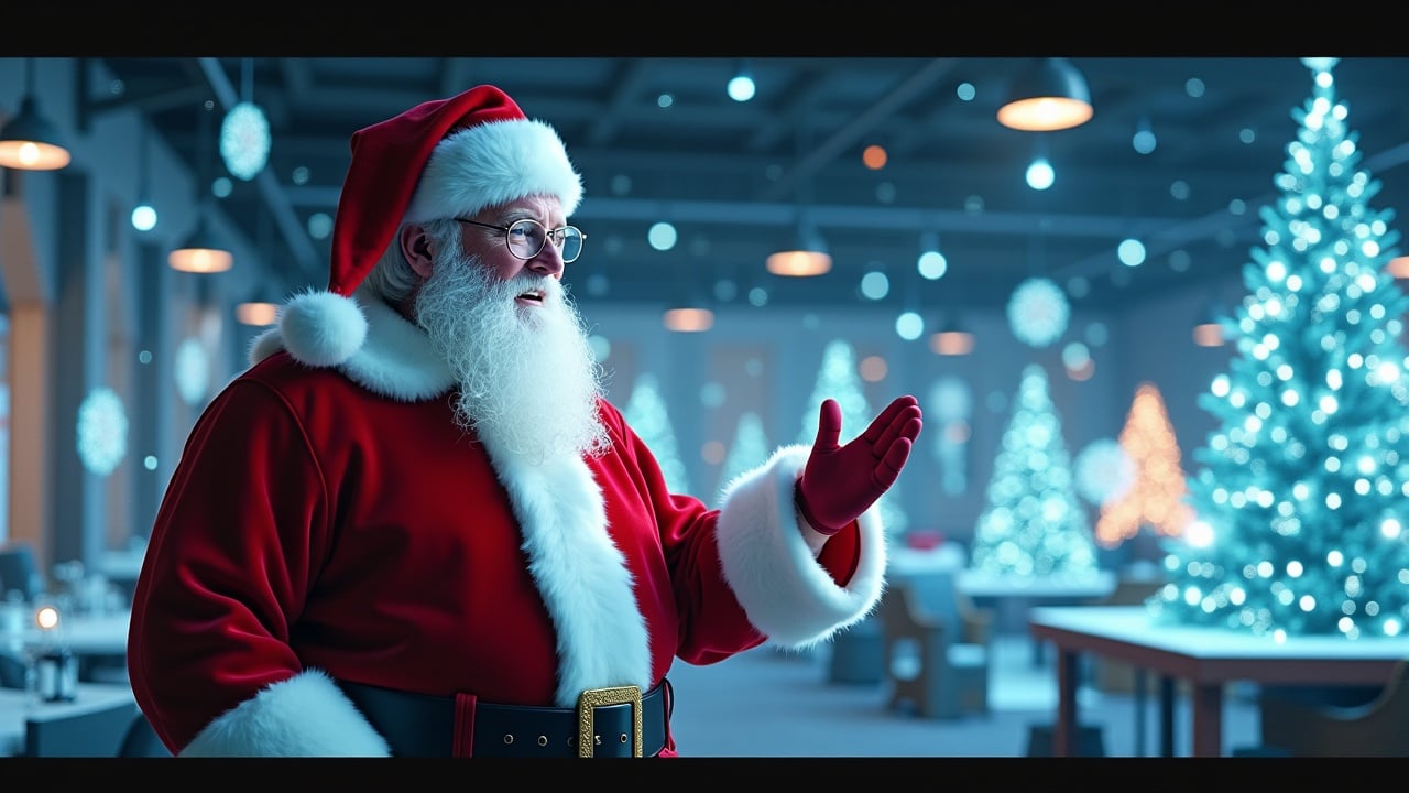 Cinematic image of Santa Claus in a high-tech festive room. Surrounded by glowing BIM models and AI visualizations. Smiling and nodding. Text overlay says Merry Christmas and Happy New Year! Hyper-realistic.