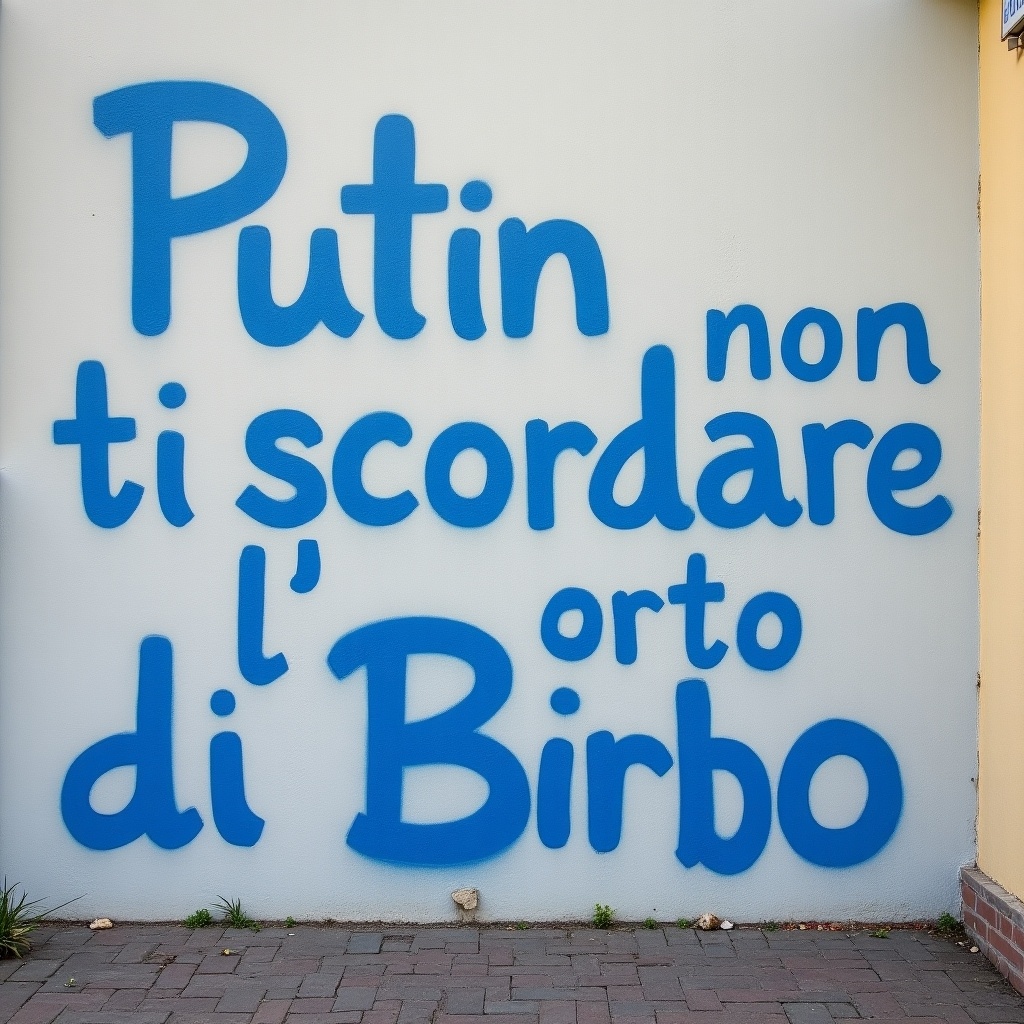 A large light grey wall features blue spray-painted text. The text reads 'Putin non ti scordare l'orto di Birbo'. The wall belongs to a school.