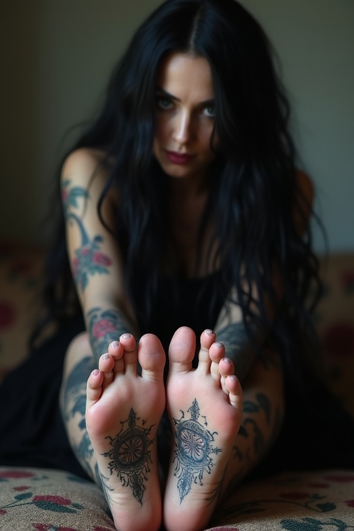 A mature goth woman with long black hair sits barefoot. Her feet show intricate tattoos on the soles. She poses while wearing a simple black dress. The background is neutral and softly lit.