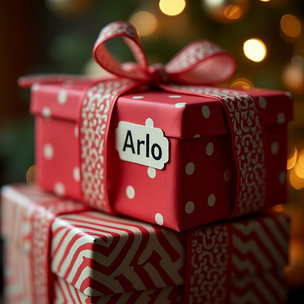 This image beautifully captures the essence of holiday gifting. In the foreground, there's a vibrant red gift box decorated with white polka dots, featuring a label that reads 'Arlo'. The background is adorned with soft, warm lighting, suggesting a cozy, festive atmosphere. There are additional gift boxes in varied patterns stacked beneath it. This scene evokes feelings of joy and anticipation often associated with Christmas. The blurred lights in the background enhance the magical holiday vibe, making it perfect for seasonal promotions or family celebrations.