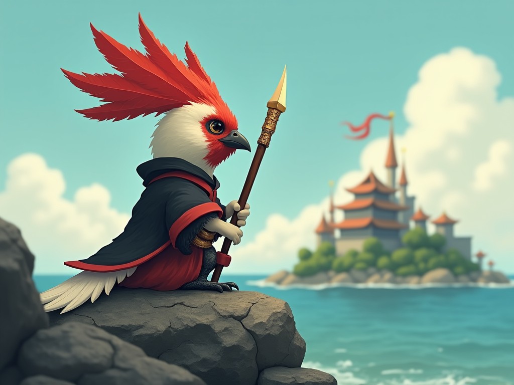 A fantasy illustration of a bird wearing a cloak and holding a staff, standing on a rocky shore. In the background, a mystical island with a temple.