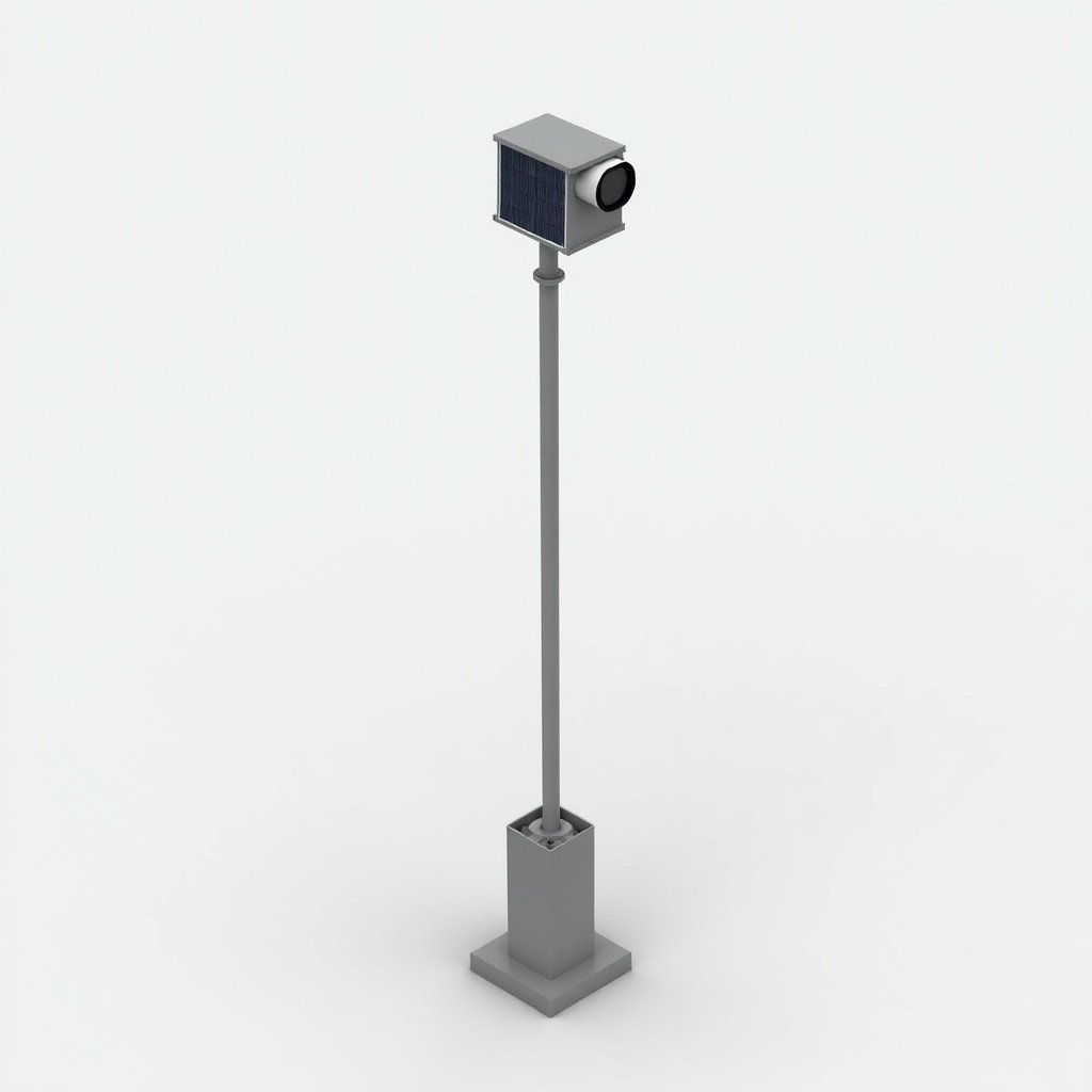 CCTV pole with a height of 8 meters and a thickness of 100 x 100 mm. Features a base plate at the bottom and a box for a solar kit on top.