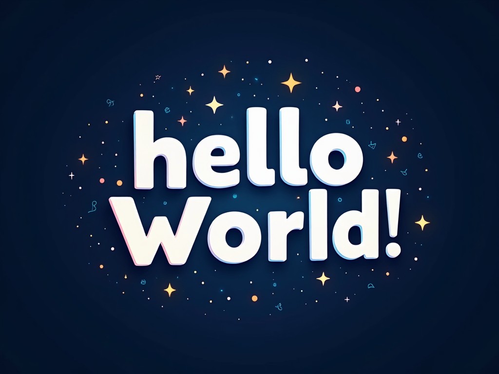 A playful and colorful digital illustration with the words 'Hello World!' surrounded by stars and dots, set against a dark blue background, emphasizing a warm and welcoming theme.