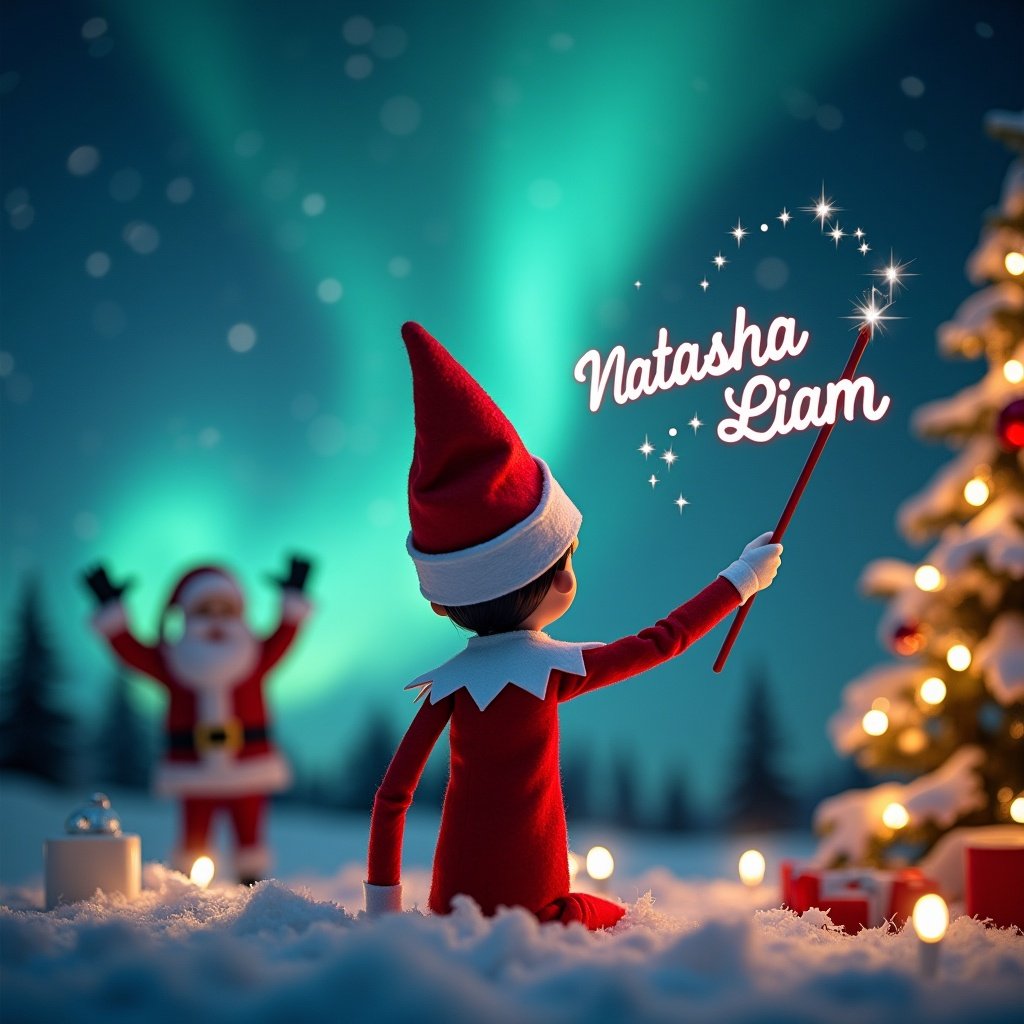 An Elf on the Shelf wearing traditional holiday attire faces the northern lights. The Elf writes 'Natasha' and 'Liam' in the air with a magic wand. Santa Claus waves in the background. The scene has a beautifully lit Christmas tree and twinkling fairy lights.