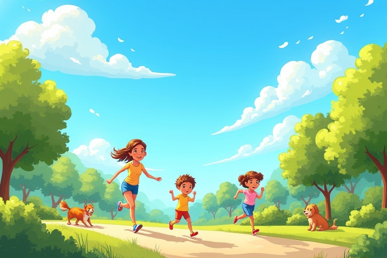 Three children are running on a sunny day along a path. There are trees and bushes around. A dog is nearby. The scene is bright and cheerful.