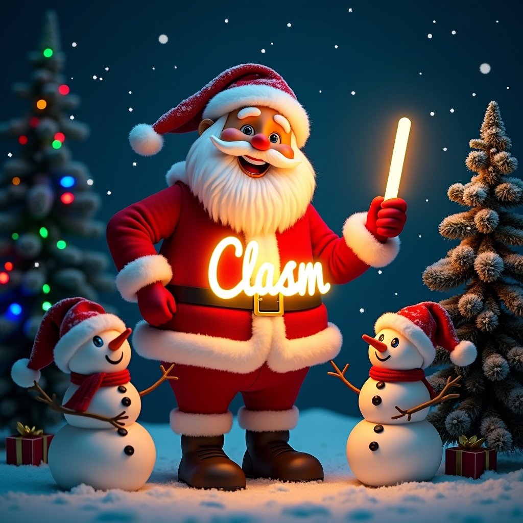 Cheerful Santa Claus in red and white suit holds a glow stick creating the name Clasm. Santa smiles warmly. Two snowmen stand beside him. Dark winter night background with stars shines. Colorful Christmas lights on evergreen trees. Radiates holiday spirit and joy.