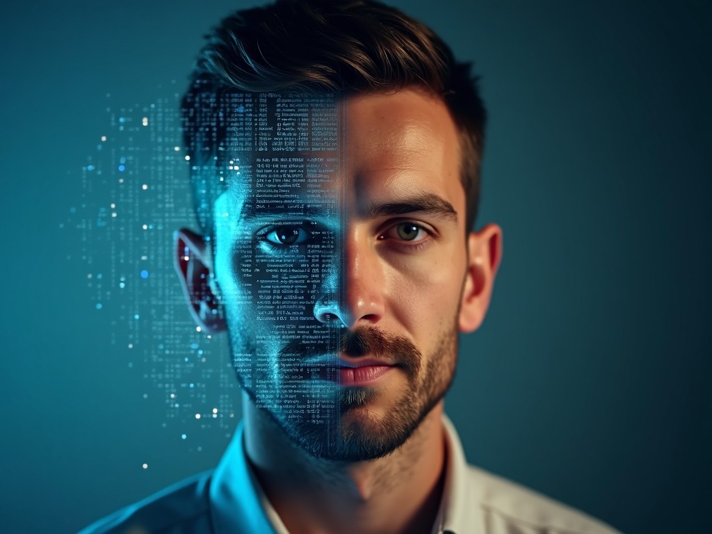 This image features a portrait of a man with an intriguing digital overlay on half of his face. The overlay displays various biometric data points, representing the intersection of humanity and technology. The lighting is soft, emphasizing the features of the man while also highlighting the digital elements. This tech-focused theme suggests a narrative about digital identities and the future of biometric technology. The background is simple and dark, making the subject and overlay stand out vividly.