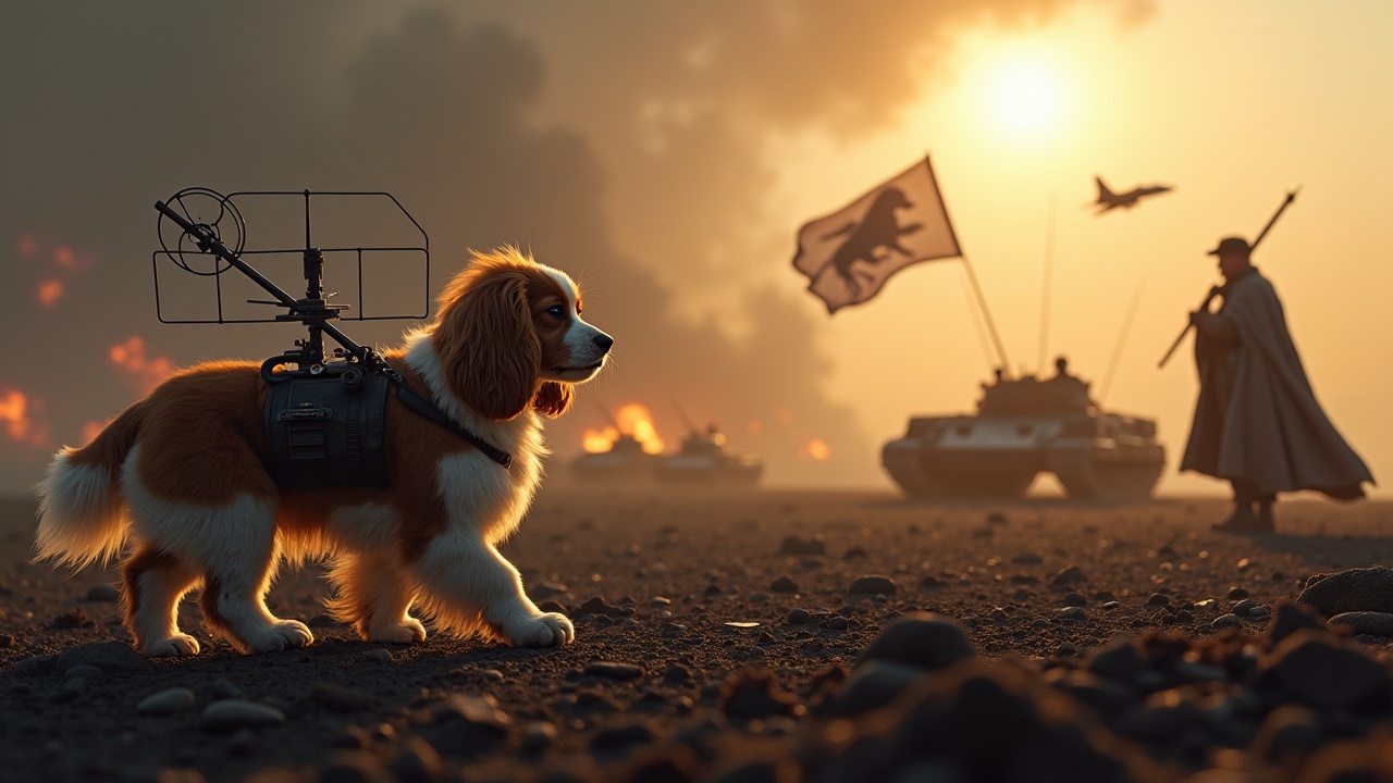 In a dramatic and awe-inspiring scene, a fluffy brown and white cavalier king charles spaniel walks across a dark, desolate battlefield. There is a radar antenna strapped to its back. Nearby, a figure wearing a cloak stands valiantly holding a flag with a dog emblem. In the background are a multitude of small soldiers holding rifles as well as tanks, barely visible among the shadows. The sky is lit by the bright radiance of the sun. A jet fighter passes overhead, completing this intense and emotional moment.