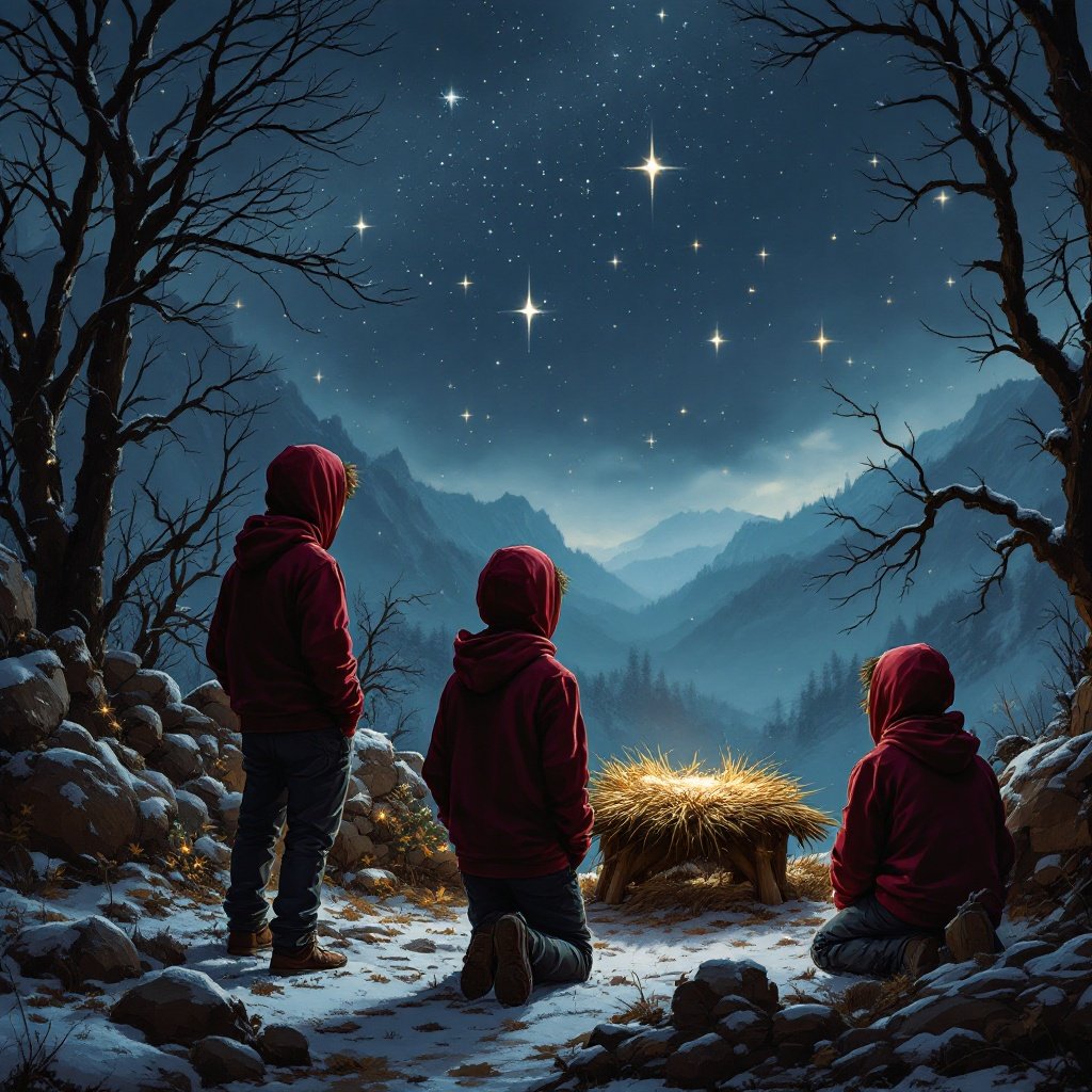 Three boys wearing maroon hoodies stand and kneel in a winter setting. They gaze at a Christmas manger scene under a starry night sky. The atmosphere feels serene and reflective.