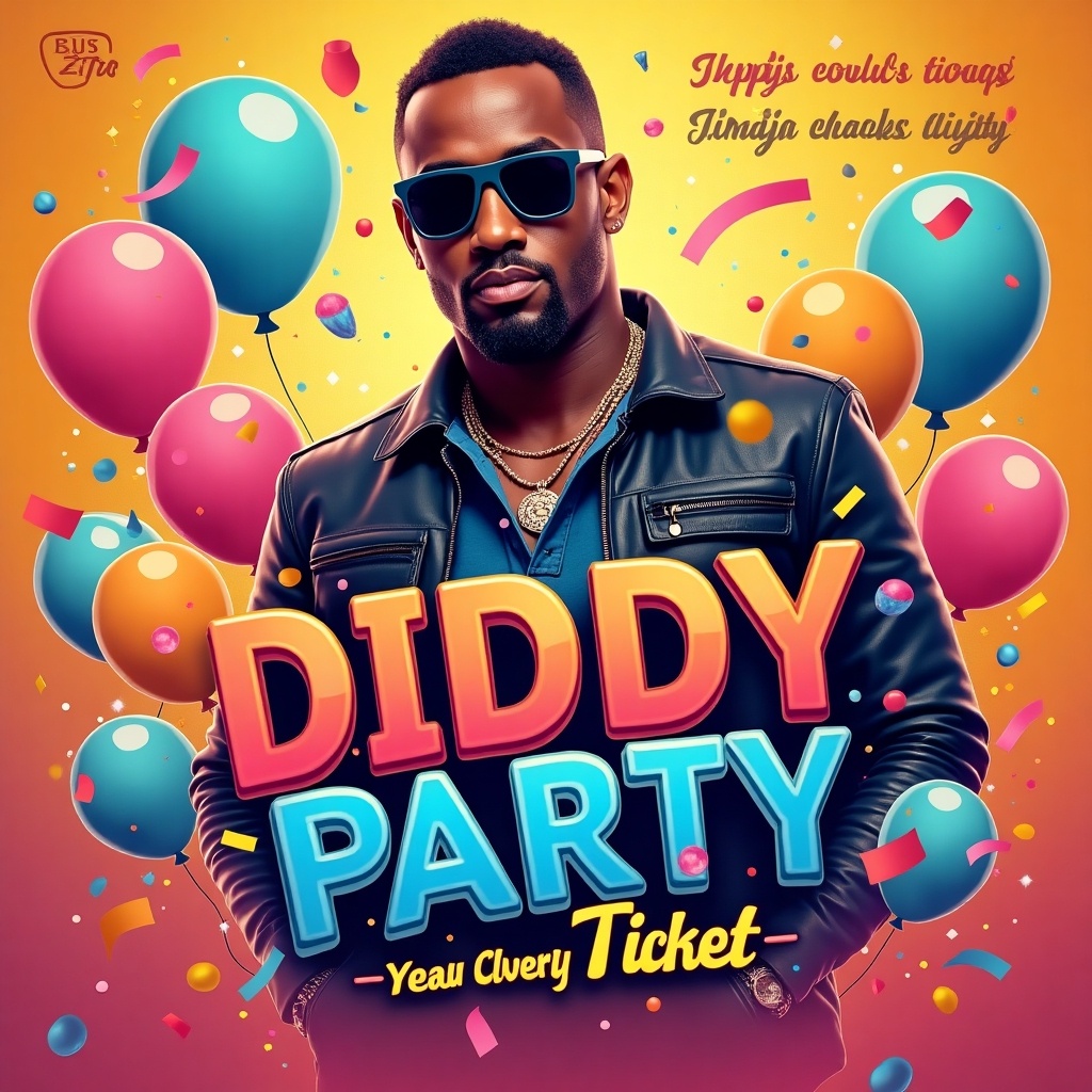 A party ticket design featuring Diddy's face prominently in the center, with the words 'Diddy Party' in bold text. Include the word 'Ticket' repeated stylishly in a few places. The background should be colorful with balloons and confetti to evoke a festive mood. Bright lighting to enhance the celebratory vibe. Use a modern and appealing font style to attract attention.