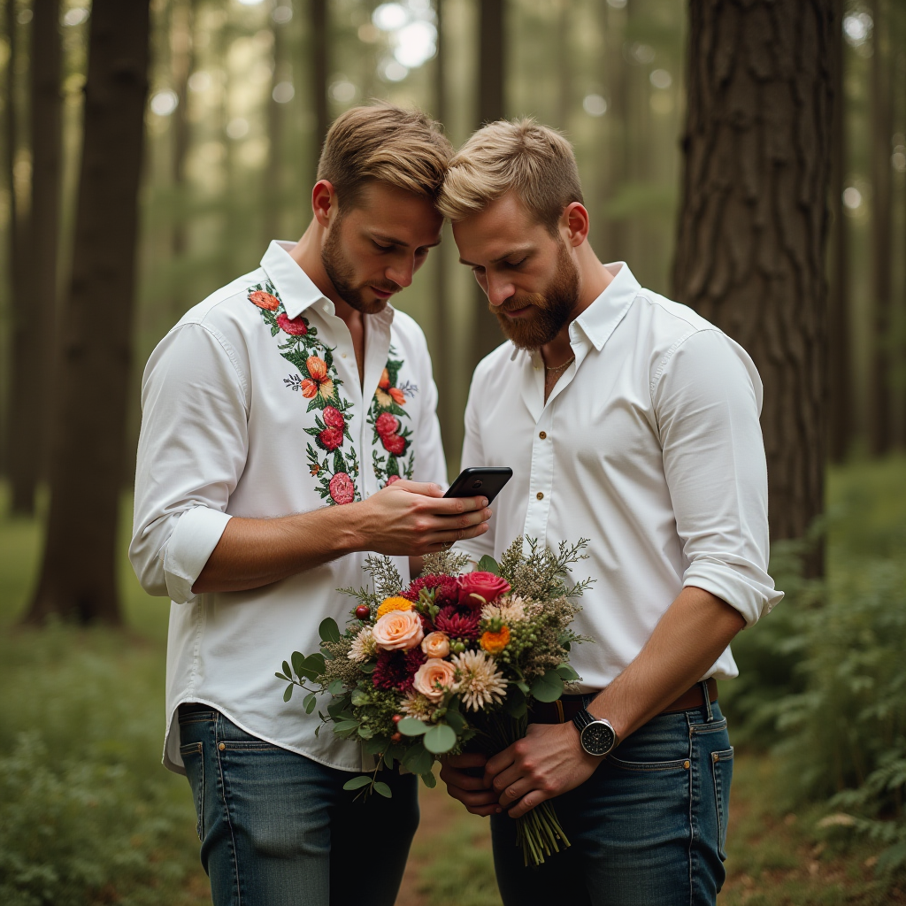 Two people in white shirts, one with floral embroidery, stand close in a lush forest, with one holding a colorful bouquet while they look at a phone together.