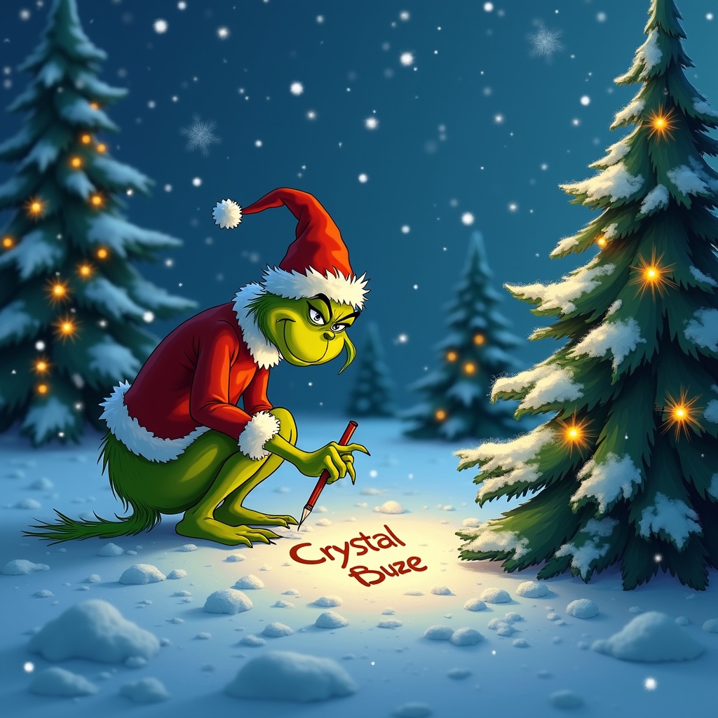 Grinch draws the name Crystal in the snow. Snowy landscape with Christmas trees. Twinkling lights adorn the trees. Grinch wears a Santa hat and red coat.