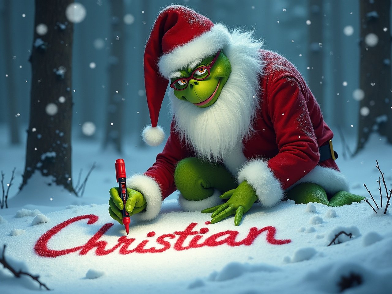 Grinch kneels in snowy forest. He writes name Christian in the snow with red marker. Snowflakes gently fall around. Classic Christmas theme with a heartwarming touch. Long white beard and glasses enhance appeal. Seasonal and personalized atmosphere.