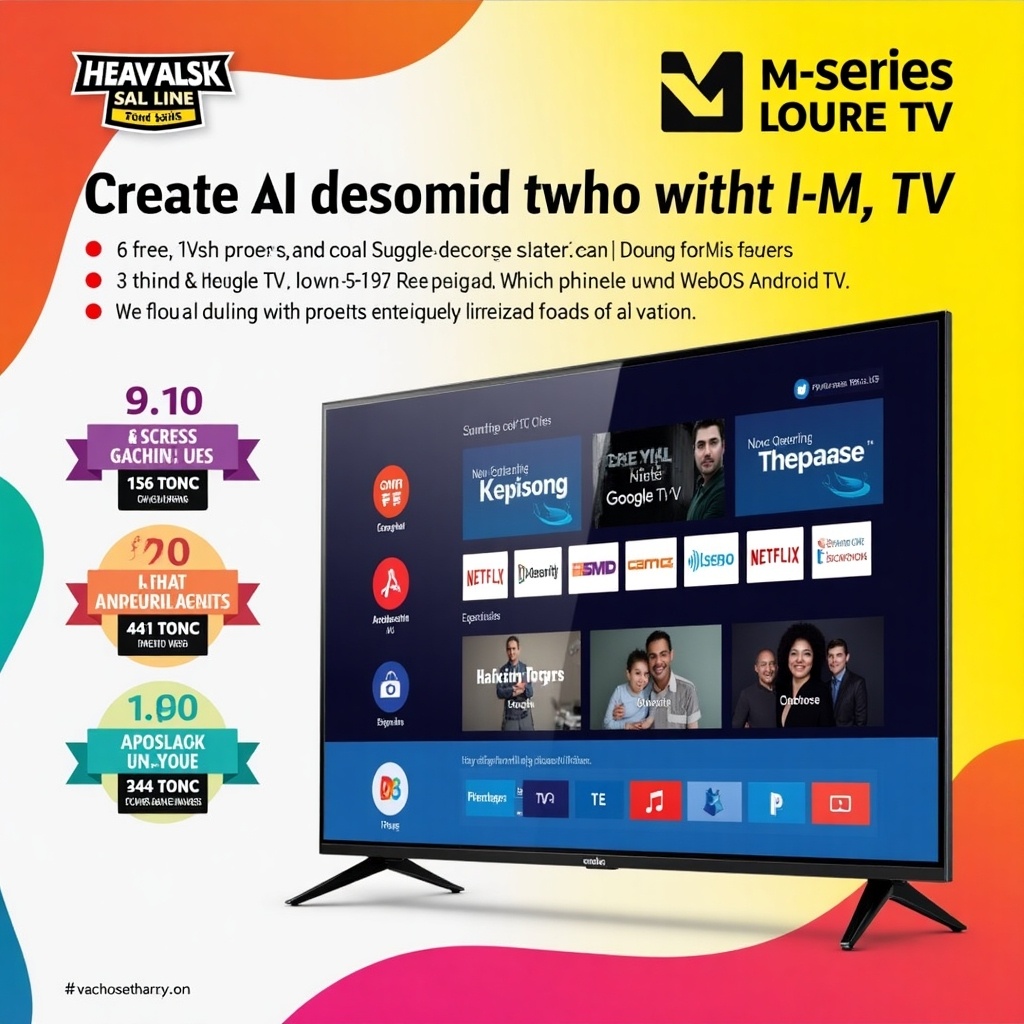 This image showcases the M-Series LED TV, highlighting its modern design and advanced features. The TV screen displays key sales points, including '140 Free Channels', 'Google TV and WebOS Android TV', and 'Complete 2 Year Brand Warranty'. The background is colorful and eye-catching, designed for Facebook ads. The M-Series brand logo is prominently featured to enhance brand recognition. The overall composition is vibrant and appealing to attract potential customers.