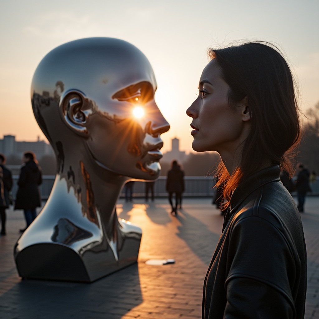 A woman stands face-to-face with a reflective metallic sculpture of a human head at sunset.