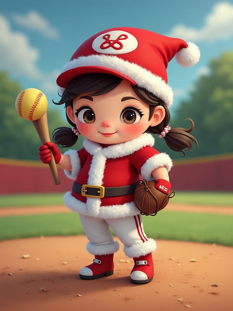 Cheerful child dressed as festive softball player. Red and white Santa-themed outfit. Child holds a softball bat and glove. Holiday colors dominate the scene.