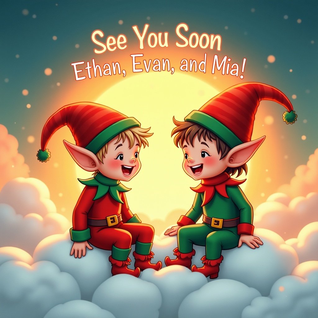 Illustration of two cheerful elves on fluffy white clouds. Background has a vibrant sunset with warm glow. Text 'See You Soon Ethan, Evan, and Mia' is in the sky. Elves wear traditional red and green outfits for a festive feel. Artwork reflects holiday spirit and friendship.