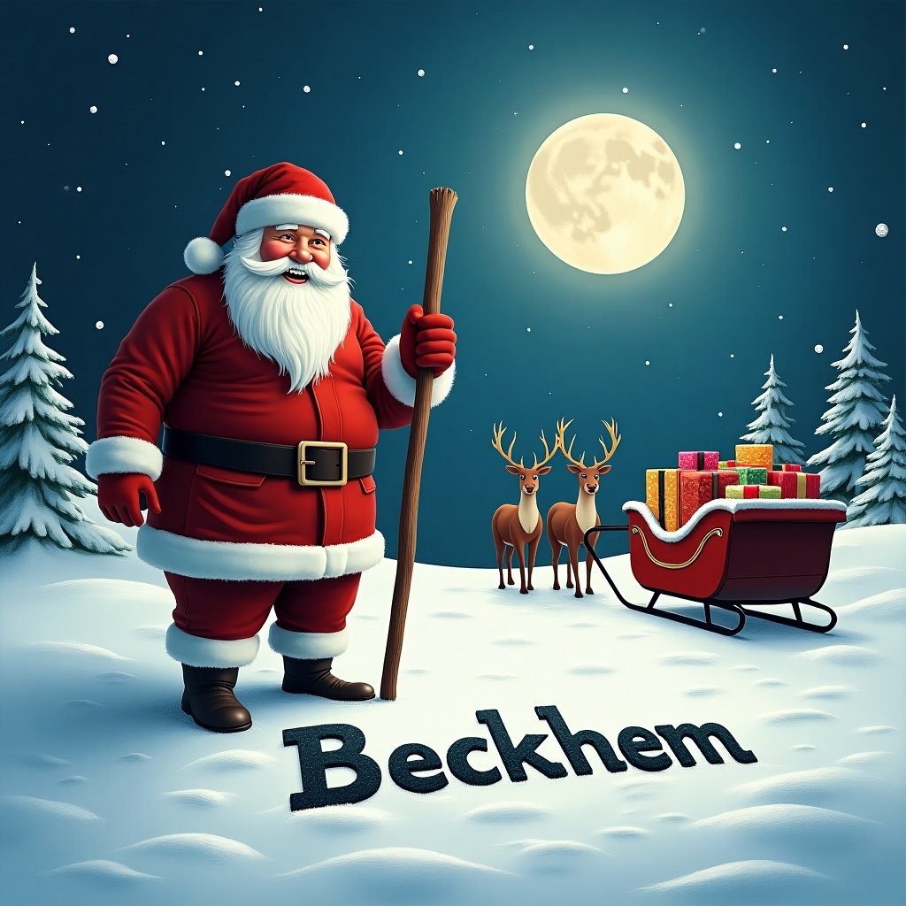 Santa writes the name Beckhem in the snow. The scene features Christmas trees, a full moon, and reindeer with a sled nearby. Santa wears a traditional red suit.