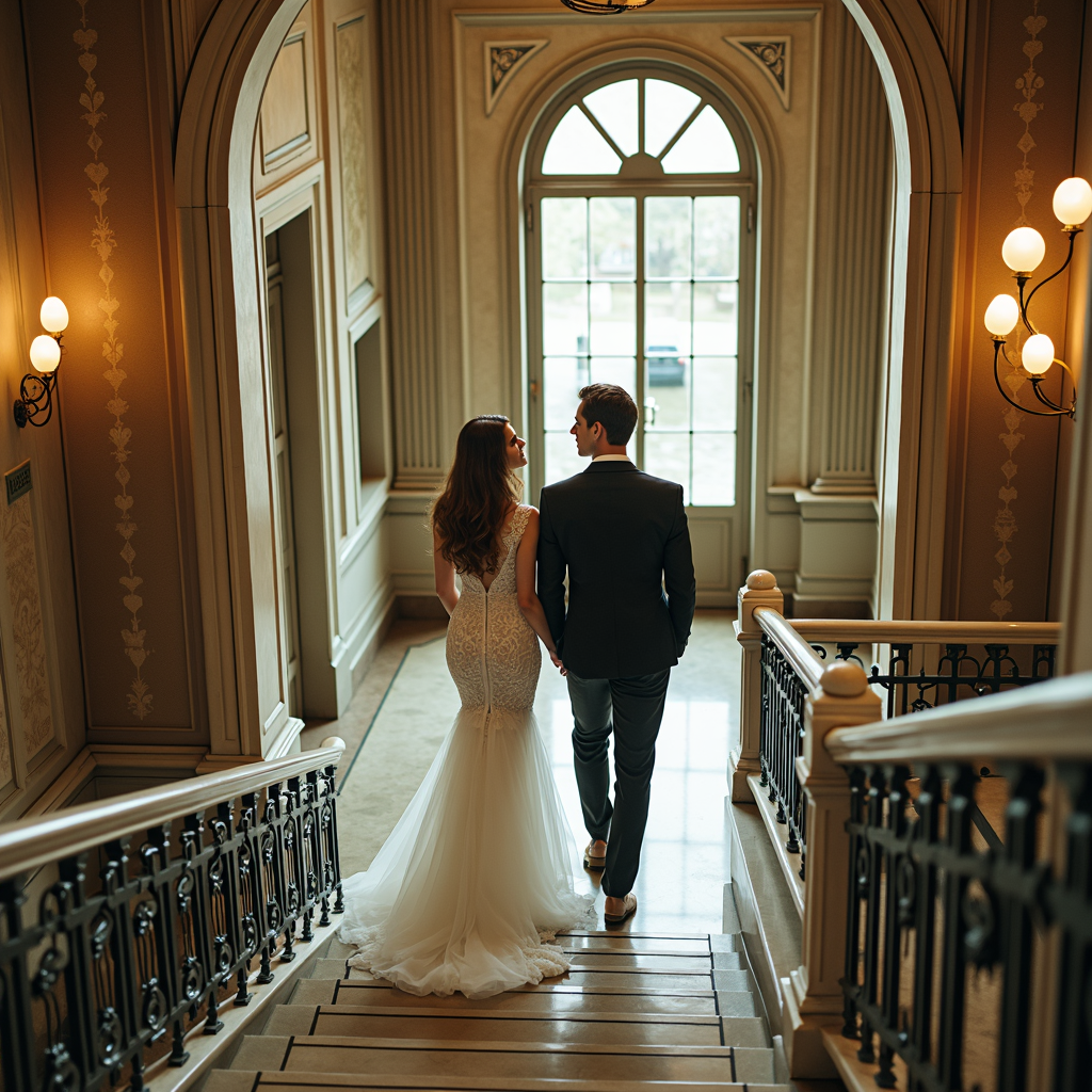 A couple in wedding attire gracefully ascends a grand staircase in a luxurious setting.