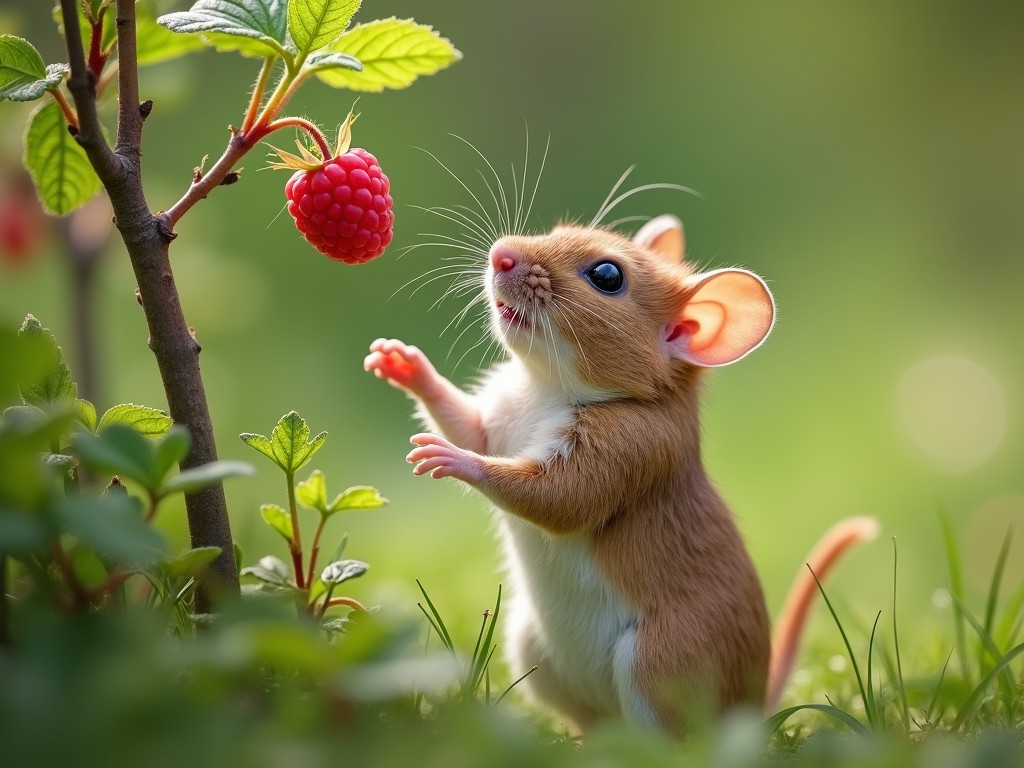 This heartwarming image features a small, inquisitive mouse standing on its hind legs, reaching for a ripe red raspberry hanging from a plant. The scene is set in a lush green environment, with soft focus grass and leaves framing the mouse in the foreground. The bright, natural light enhances the vivid colors, creating an uplifting and whimsical atmosphere.