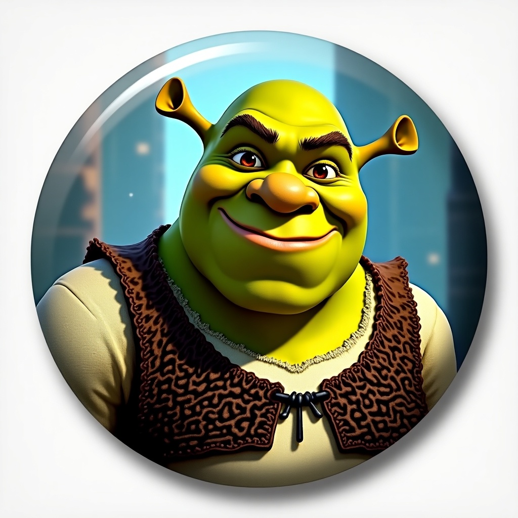 Design a badge featuring Shrek as the main subject. Badge size is 58mm diameter. Background includes Lords Mobile elements. Use CMYK color mode. Shrek shows a happy expression. Include fantasy elements. Ensure visibility within 70mm production area.