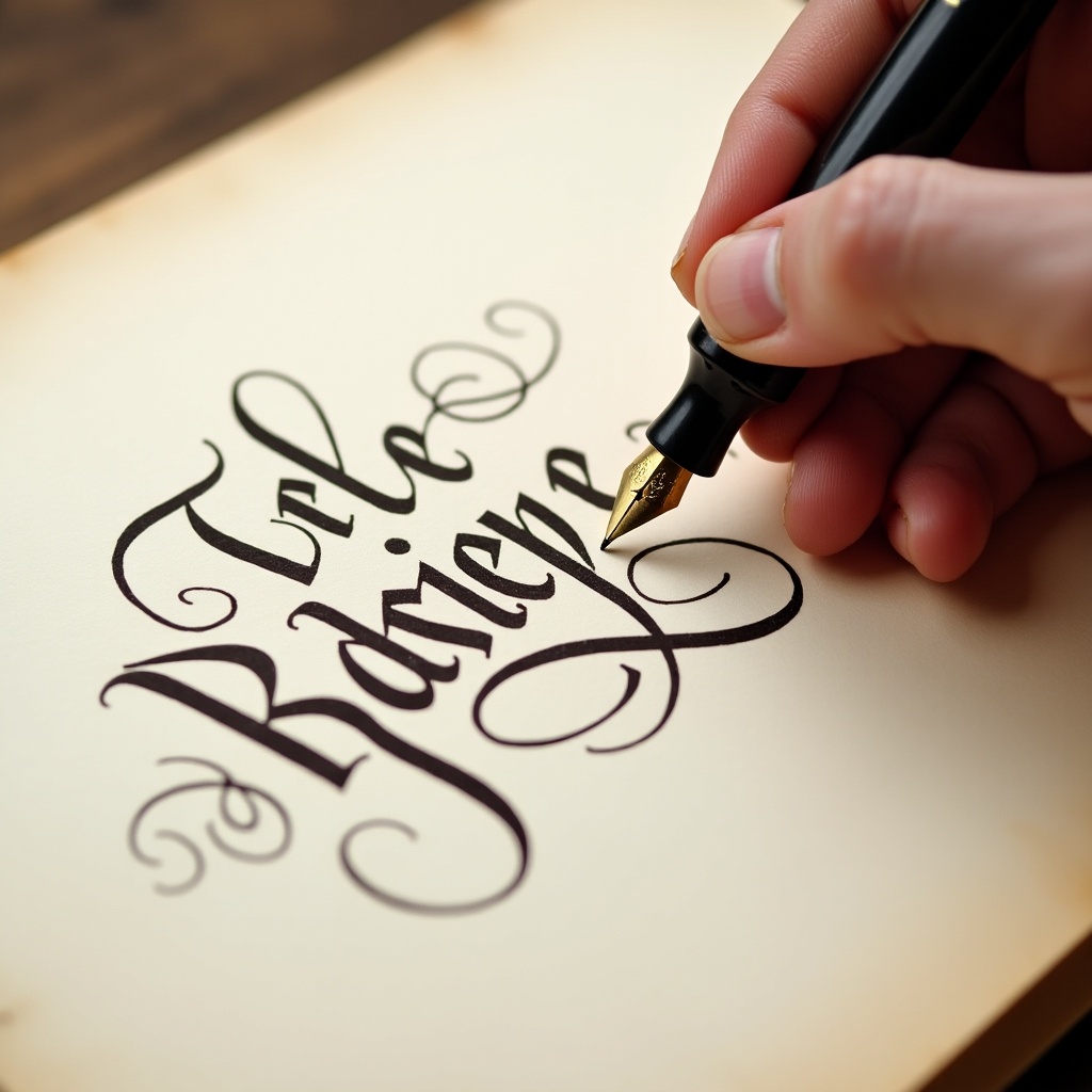 A hand elegantly writing calligraphy with a fountain pen on aged paper.