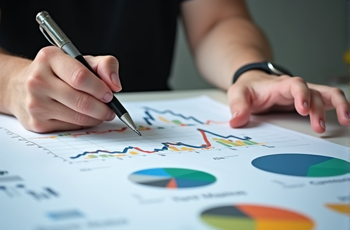 A person is reviewing colorful graphs and charts with a pen in hand.