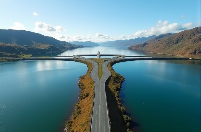 A scenic bridge with multiple lanes curves over a calm body of water, surrounded by hills under a clear sky.