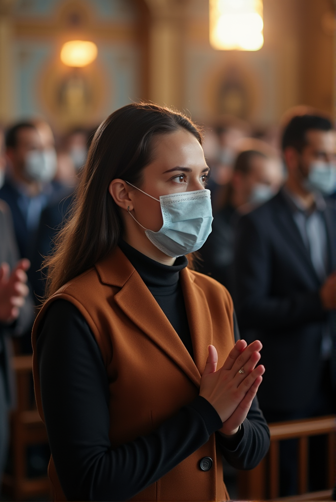 A woman in a burnt orange coat and face mask stands in a solemn gathering, hands clasped, with a backdrop of softly lit, blurred people.