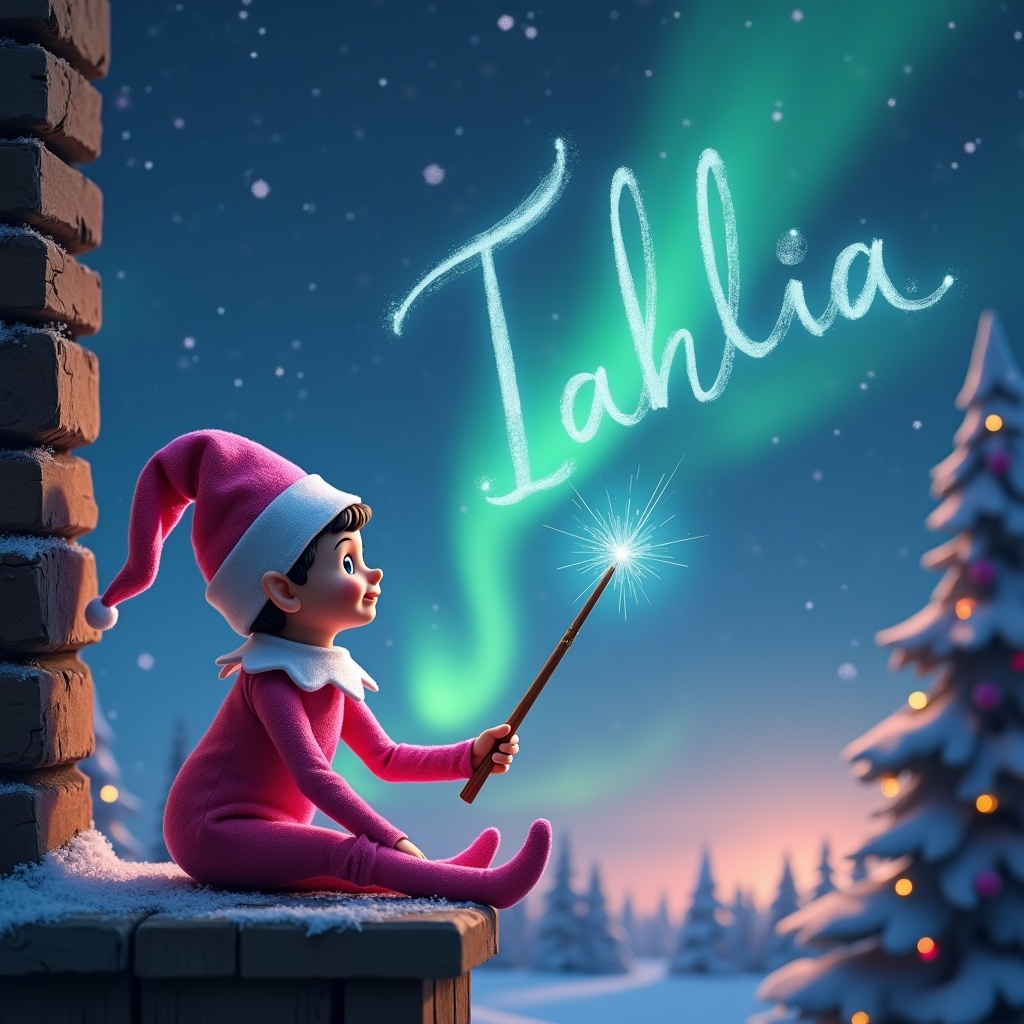 A pink elf on a shelf is sitting on a chimney with his back facing the viewer. He is engaged in a magical moment, using a sparkling wand to write the name 'Tahlia' in the night sky. The background features enchanting northern lights dancing above, creating a festive atmosphere. Snow-clad trees are nearby, and a glimpse of Santa Claus can be seen in the distance. The scene encapsulates a whimsical and heartwarming holiday spirit, perfect for children and families.