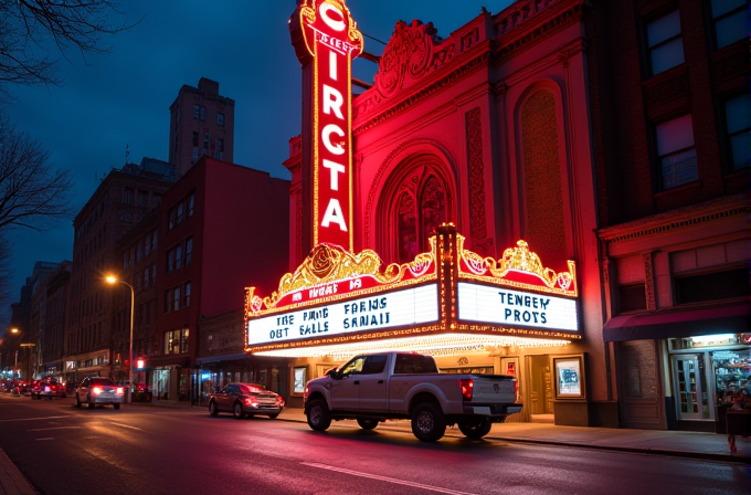 A vibrant, neon-lit theater marquee glows red against a dark, cloudy evening sky, with cars parked along the city street.