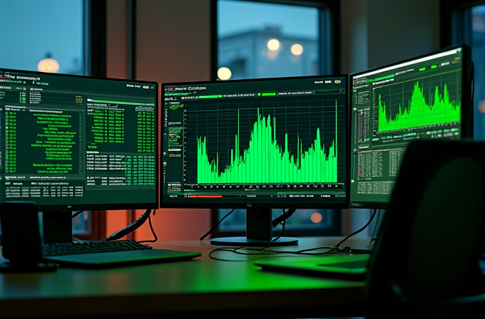 Three computer monitors display various financial data graphs in a dimly lit room.